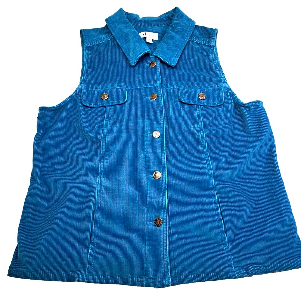 Denim & Co. Corduroy Vest Women M Turquoise Excellent Button Front Pockets